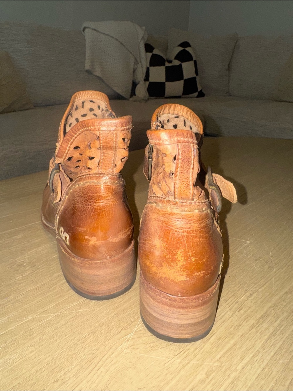 Bed Stu Heather Cognac Cutout Leather Ankle Booties with Buckle - Picture 4 of 5